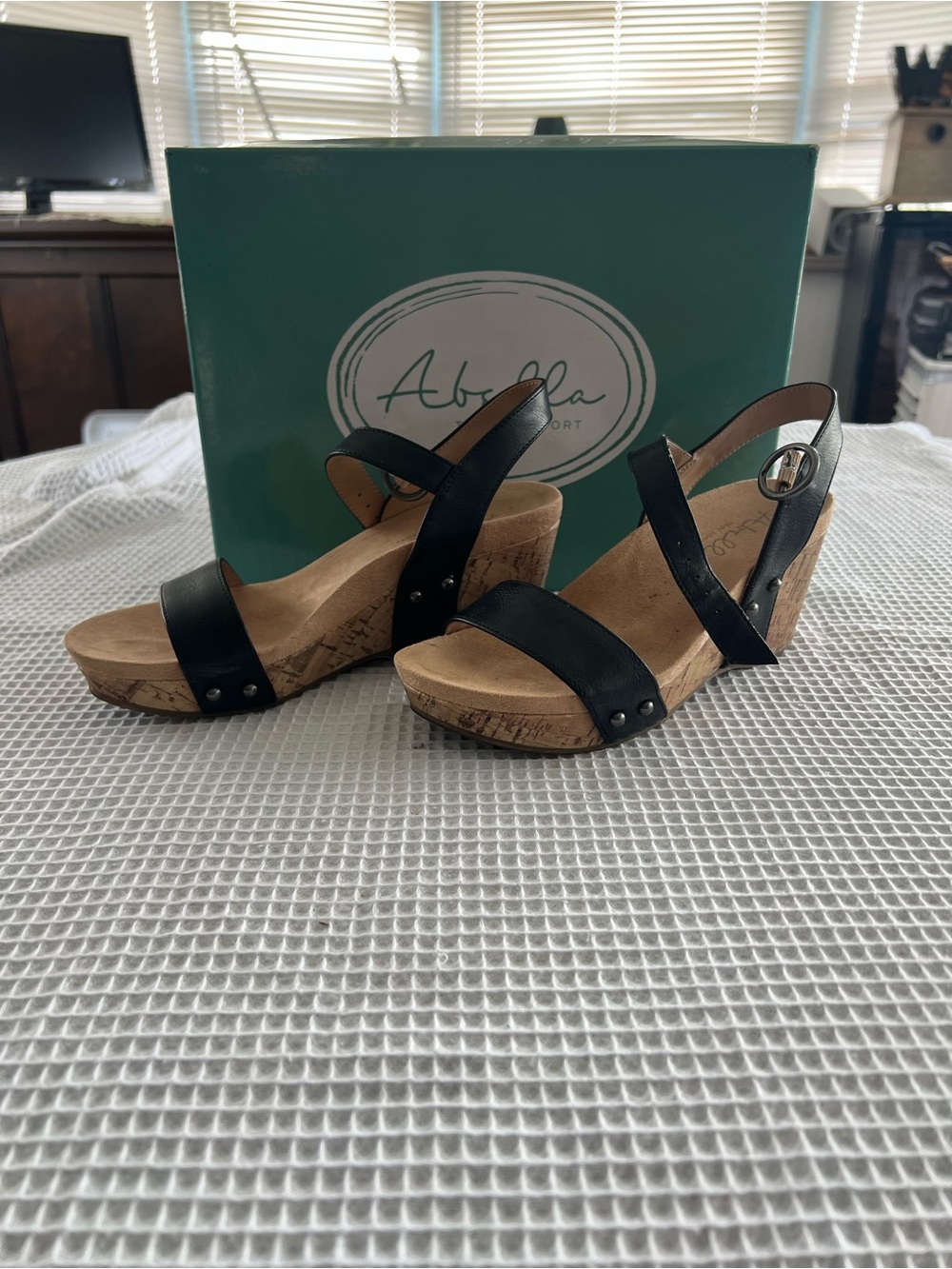 Abella Black Cork-Style Wedge Sandals with Ankle Buckle
